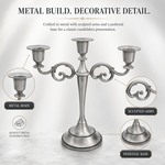 Gold five-arm candelabra graphic describing its metal zinc-alloy construction and surface plating