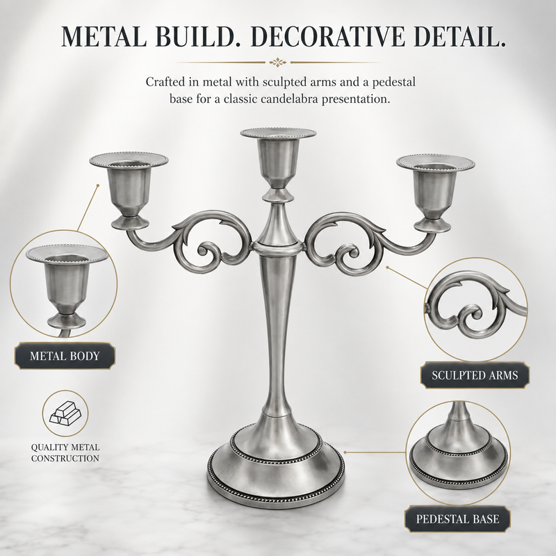 Gold five-arm candelabra graphic describing its metal zinc-alloy construction and surface plating
