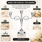 Gold five-arm candelabra graphic describing its metal zinc-alloy construction and surface plating