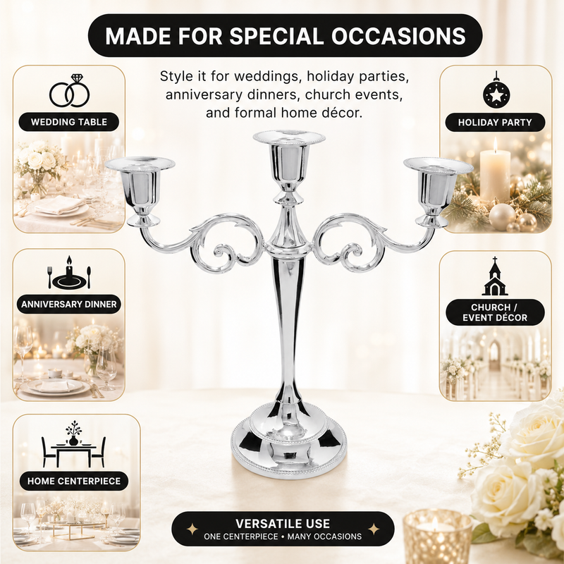 Gold five-arm candelabra graphic describing its metal zinc-alloy construction and surface plating