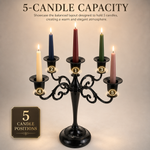 Gold five-arm candelabra graphic describing its metal zinc-alloy construction and surface plating