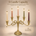 Gold five-arm candelabra graphic describing its metal zinc-alloy construction and surface plating