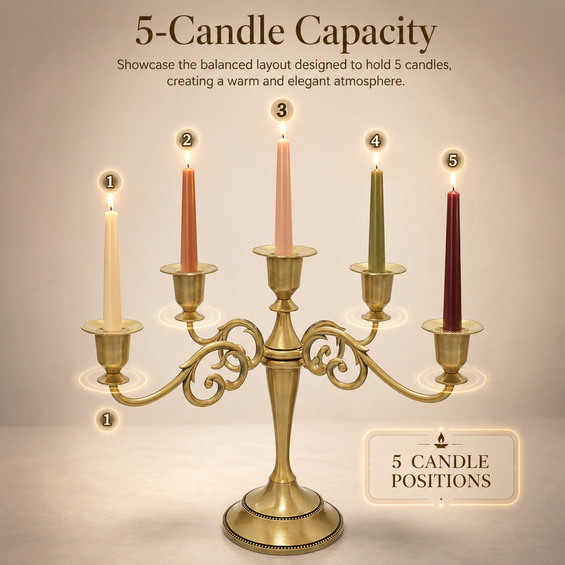 Gold five-arm candelabra graphic describing its metal zinc-alloy construction and surface plating