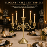 Gold five-arm candelabra graphic describing its metal zinc-alloy construction and surface plating