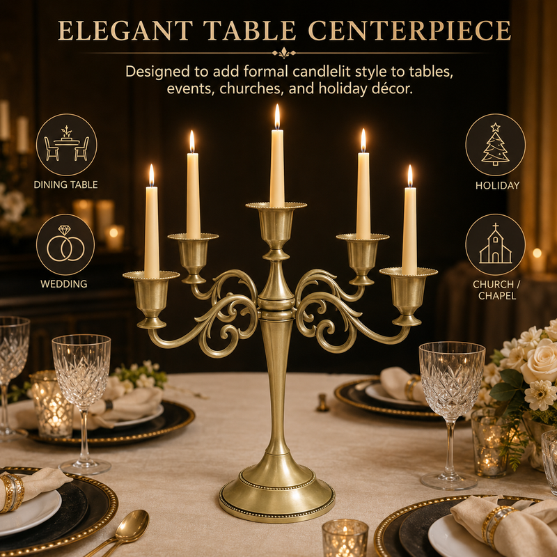 Gold five-arm candelabra graphic describing its metal zinc-alloy construction and surface plating