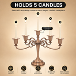 Gold five-arm candelabra graphic describing its metal zinc-alloy construction and surface plating
