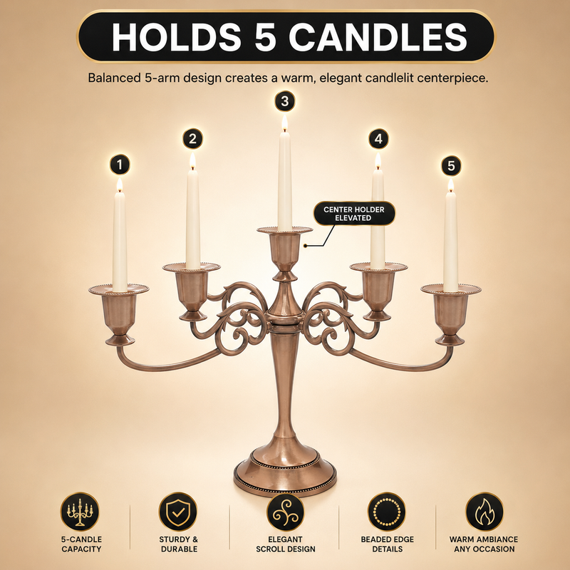 Gold five-arm candelabra graphic describing its metal zinc-alloy construction and surface plating