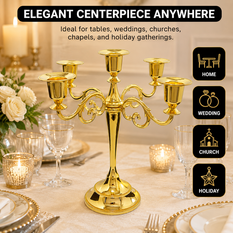Gold five-arm candelabra graphic describing its metal zinc-alloy construction and surface plating