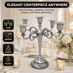 Gold five-arm candelabra graphic describing its metal zinc-alloy construction and surface plating