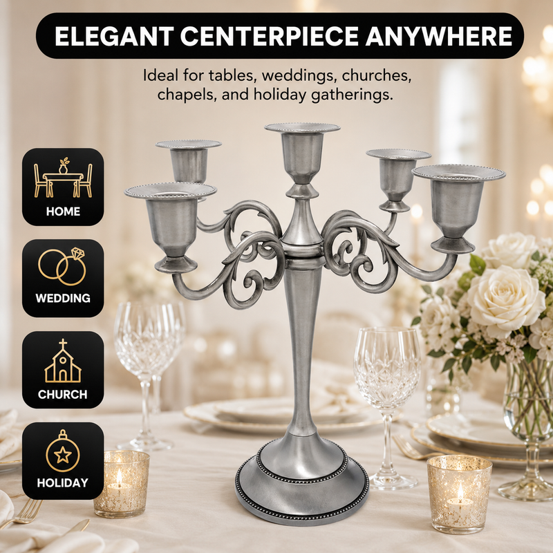 Gold five-arm candelabra graphic describing its metal zinc-alloy construction and surface plating