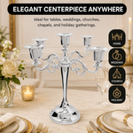 Gold five-arm candelabra graphic describing its metal zinc-alloy construction and surface plating
