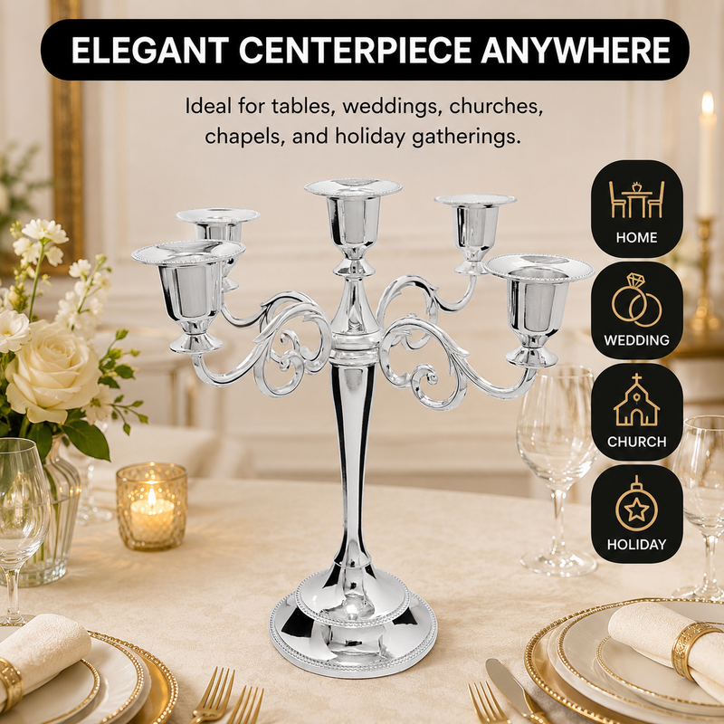 Gold five-arm candelabra graphic describing its metal zinc-alloy construction and surface plating