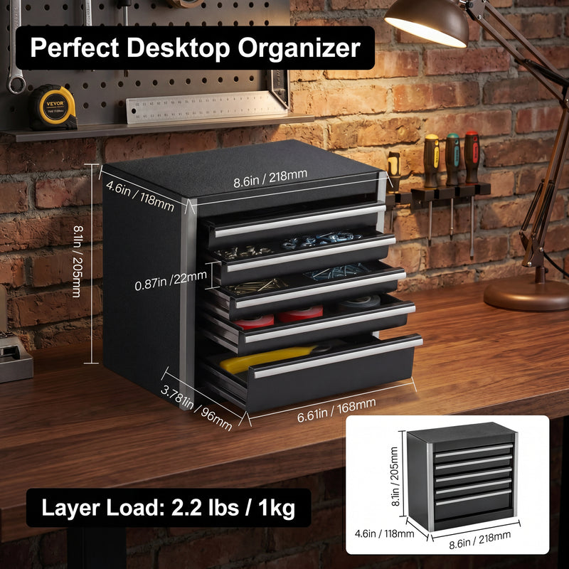 Compact metal tool box organizer dimensions - 8.6 x 4.6 x 8.1 inches desktop size