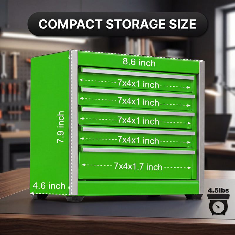 Compact metal tool box organizer dimensions - 8.6 x 4.6 x 8.1 inches desktop size