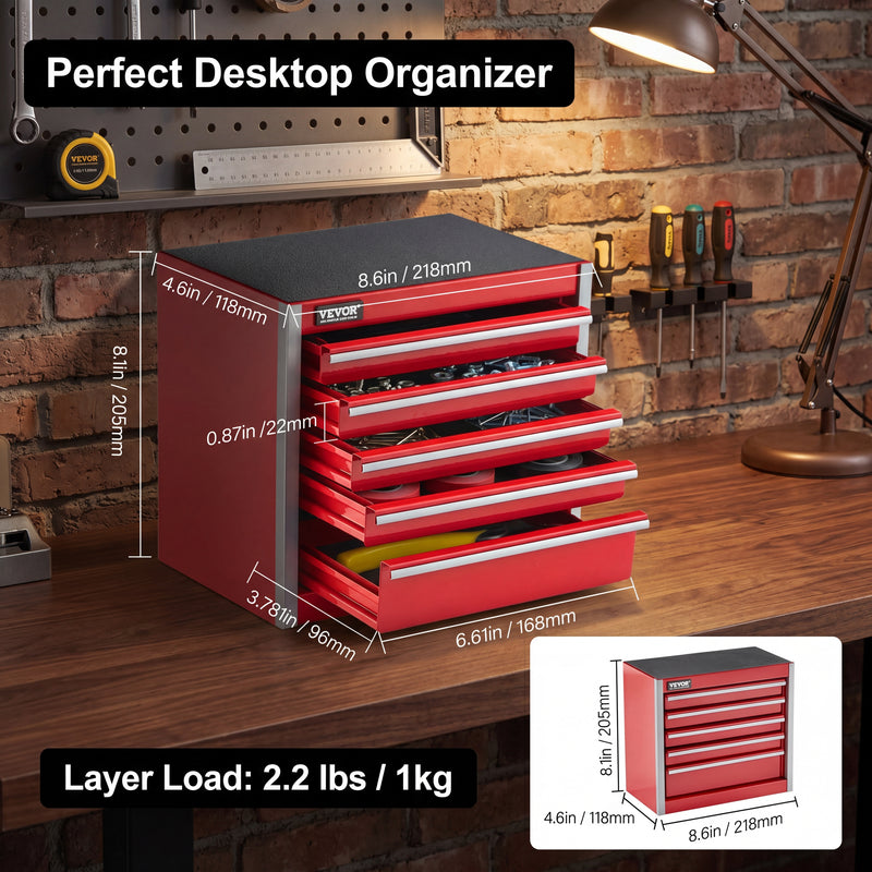 Compact metal tool box organizer dimensions - 8.6 x 4.6 x 8.1 inches desktop size