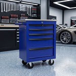 Red steel 5-drawer desktop tool box organizer, front view on workshop table