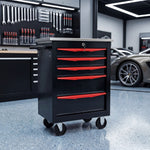 Red steel 5-drawer desktop tool box organizer, front view on workshop table