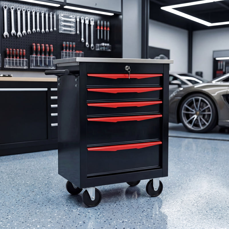 Red steel 5-drawer desktop tool box organizer, front view on workshop table