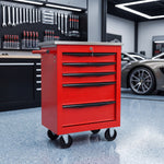 Red steel 5-drawer desktop tool box organizer, front view on workshop table