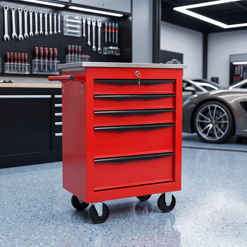 Red steel 5-drawer desktop tool box organizer, front view on workshop table