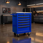 Red steel 5-drawer desktop tool box organizer, front view on workshop table