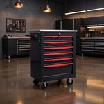 Red steel 5-drawer desktop tool box organizer, front view on workshop table