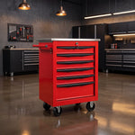 Red steel 5-drawer desktop tool box organizer, front view on workshop table