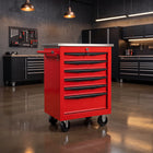 Red steel 5-drawer desktop tool box organizer, front view on workshop table