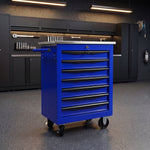 Red steel 5-drawer desktop tool box organizer, front view on workshop table