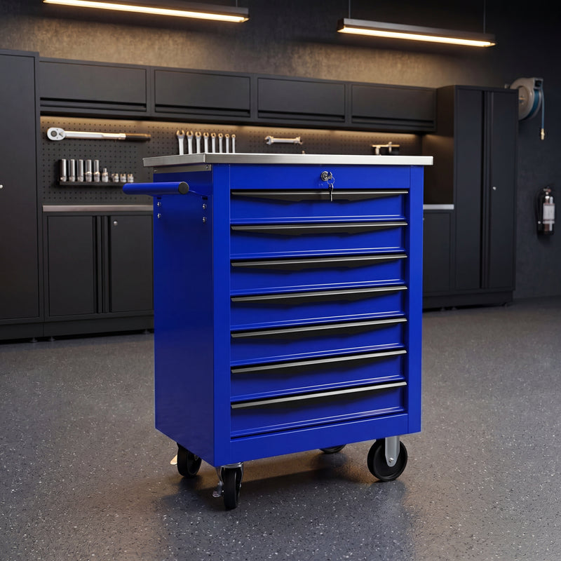 Red steel 5-drawer desktop tool box organizer, front view on workshop table