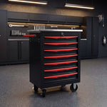 Red steel 5-drawer desktop tool box organizer, front view on workshop table