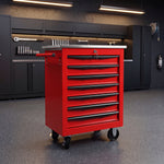 Red steel 5-drawer desktop tool box organizer, front view on workshop table