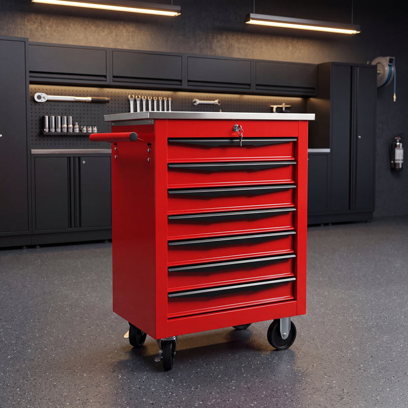 Red steel 5-drawer desktop tool box organizer, front view on workshop table