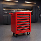 Red steel 5-drawer desktop tool box organizer, front view on workshop table
