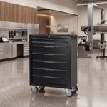 Red steel 5-drawer desktop tool box organizer, front view on workshop table