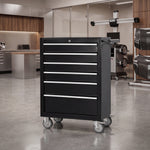 Red steel 5-drawer desktop tool box organizer, front view on workshop table