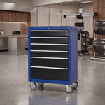 Red steel 5-drawer desktop tool box organizer, front view on workshop table