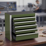 Red steel 5-drawer desktop tool box organizer, front view on workshop table