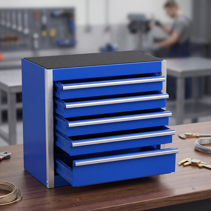 Red steel 5-drawer desktop tool box organizer, front view on workshop table