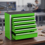 Red steel 5-drawer desktop tool box organizer, front view on workshop table
