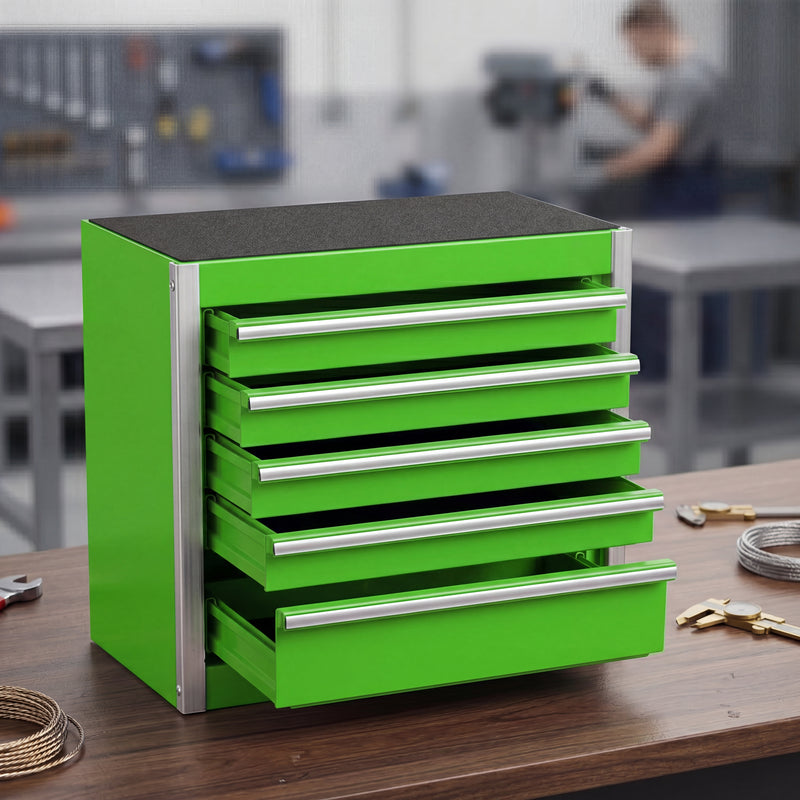 Red steel 5-drawer desktop tool box organizer, front view on workshop table