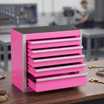 Red steel 5-drawer desktop tool box organizer, front view on workshop table