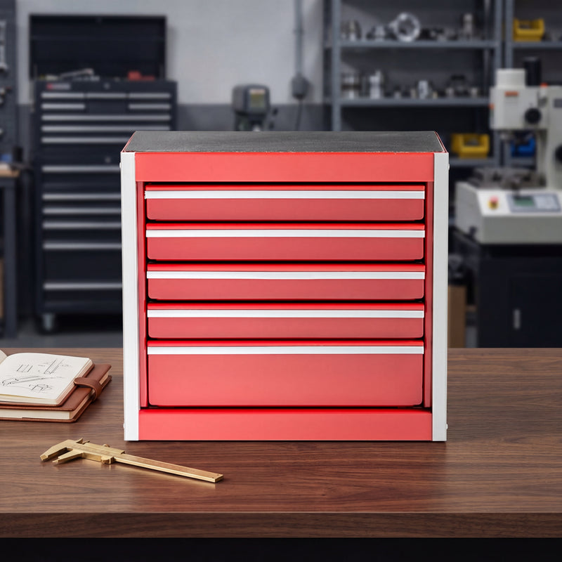 Red steel 5-drawer desktop tool box organizer, front view on workshop table