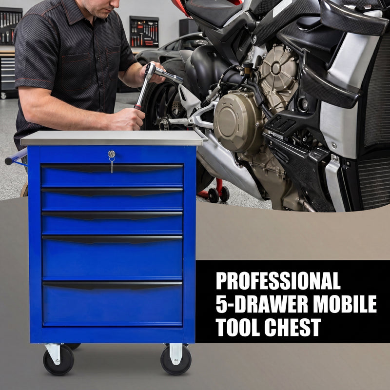 Metal tool box organizer with bottom drawer open on a desk - smooth-slide drawer tracks