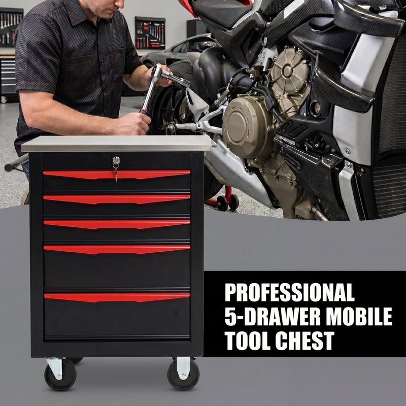 Metal tool box organizer with bottom drawer open on a desk - smooth-slide drawer tracks