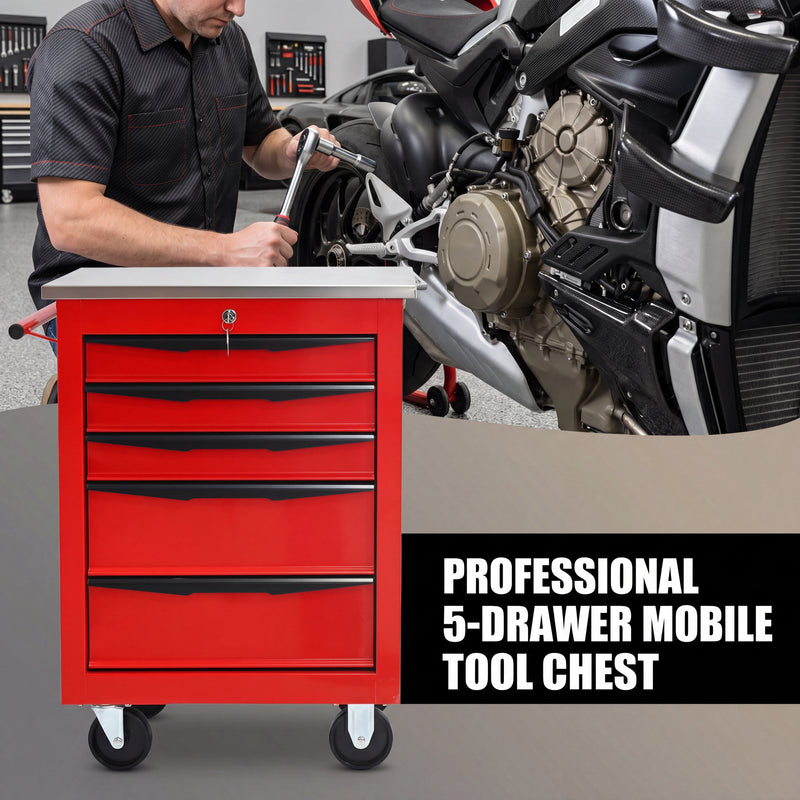 Metal tool box organizer with bottom drawer open on a desk - smooth-slide drawer tracks