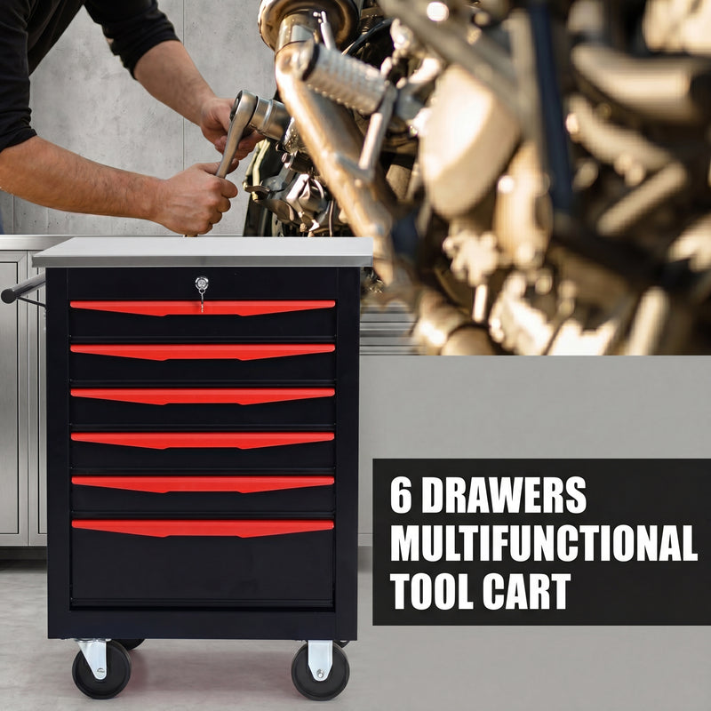 Metal tool box organizer with bottom drawer open on a desk - smooth-slide drawer tracks
