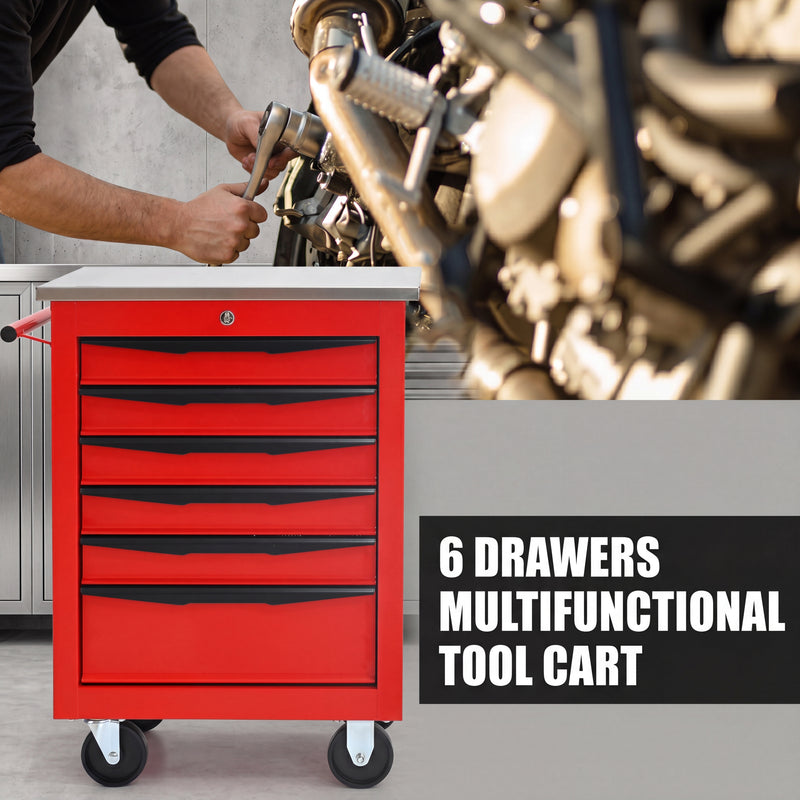 Metal tool box organizer with bottom drawer open on a desk - smooth-slide drawer tracks
