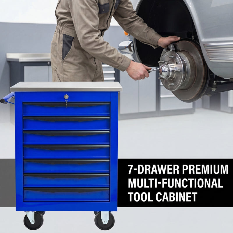 Metal tool box organizer with bottom drawer open on a desk - smooth-slide drawer tracks