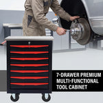 Metal tool box organizer with bottom drawer open on a desk - smooth-slide drawer tracks